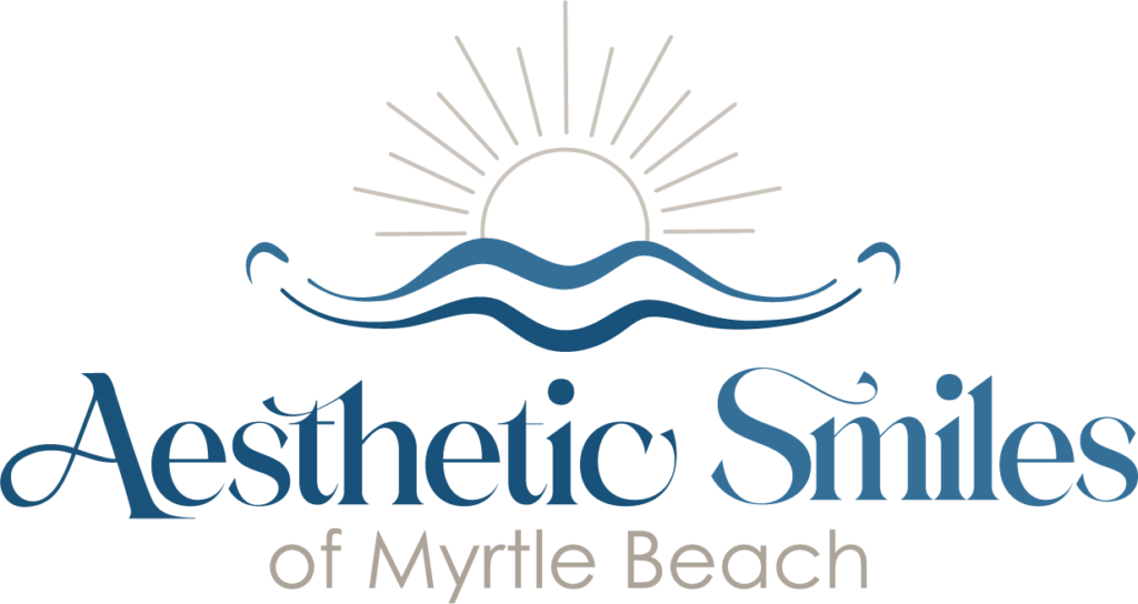 Aesthetic Smiles of Myrtle Beach logo featuring a stylized sun rising over a wavy line representing water, with elegant, flowing typography in shades of blue and beige.